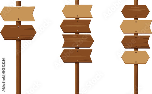 Wooden direction signposts illustration set featuring blank arrows for navigation, choices, travel, and decision making concepts in flat vector style