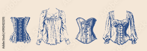 vintage rococo fashion illustrations, hand drawn engraving style, antique women's garments, corsets, blouses