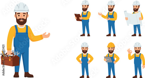 Construction worker character set showing builder with tools, plans, and working poses for engineering and building illustration concepts