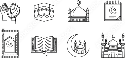 Islamic line icon collection featuring Kaaba, mosque, Quran, prayer hands, crescent moon and holy Ramadan symbols vector