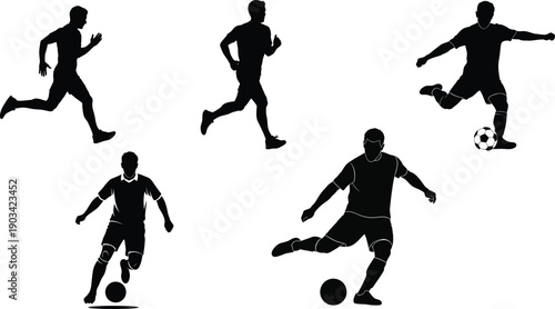 Silhouette of soccer players in various poses on a white background