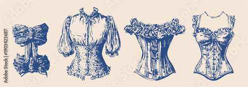 vintage rococo fashion illustrations, hand drawn engraving style, antique women's garments, corsets, blouses
