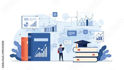 Education and data analysis concept with a student standing among large books academic icons and business charts.