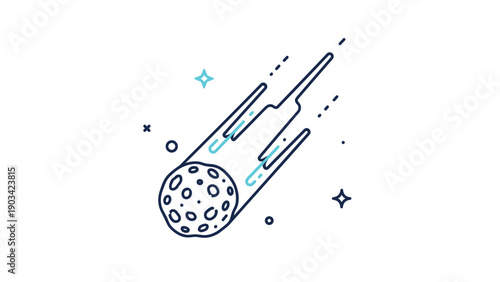 Large cratered asteroid or comet streaking through the dark night sky with bright stars and a trailing tail of light.