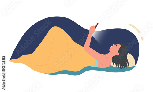 Happy girl lying in bed at night, looking at mobile phone screen to play or chat vector illustration
