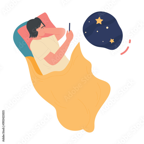 Boy lying in bed with phone in hand, insomnia due to social media addiction vector illustration