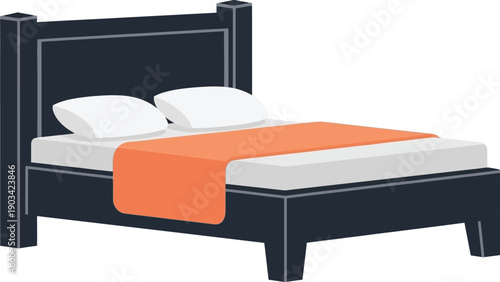Neatly made bed with dark frame, white pillows, and orange blanket symbolizing comfort, sleep, and modern bedroom interior design