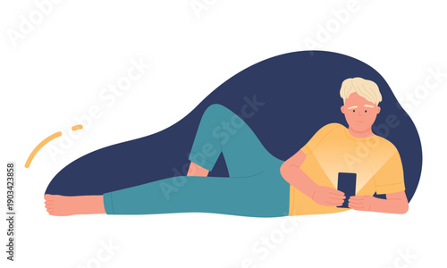 Boy lying with mobile phone at night to read social media feed, play games vector illustration