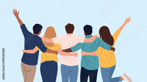 Group of diverse young friends standing together with their arms around each other's shoulders in a show of unity.