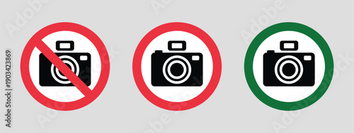 Warning Sign No Photos No Phone or Camera Icons, vector illustration of camera and phone prohibition, no photo allowed, restricted photography, red and green round symbols.
