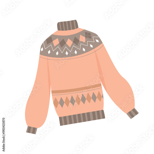 Handmade knitted sweater, cute woolen seasonal clothes with ornament vector illustration