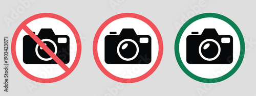 Warning Sign No Photos No Phone or Camera Icons, vector illustration of camera and phone prohibition, no photo allowed, restricted photography, red and green round symbols.