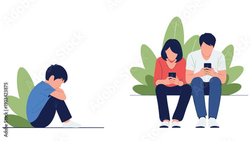Emotional illustration of a young child feeling neglected and sad while his parents are distracted by their mobile phones.