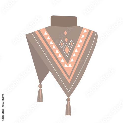 Knitted poncho for cold weather with tassels and ethnic pattern vector illustration
