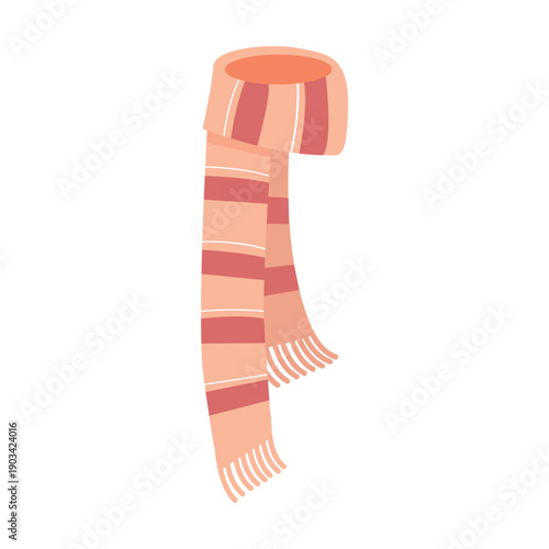 Knitted pink wool scarf with red stripes and fringes, warm accessory vector illustration