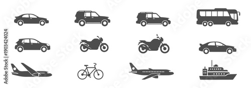 Architectural vehicle silhouette set including car SUV truck bus motorcycle bicycle airplane and ship vector illustration