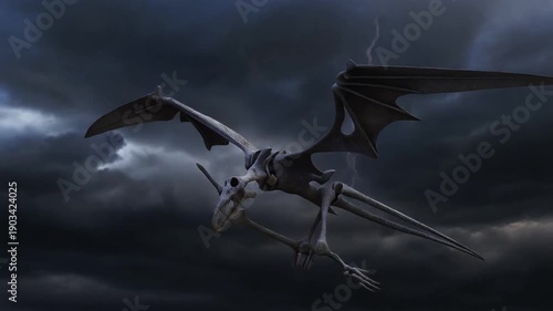 Pterodactyl Flying Through Stormy Weather with Lightning.