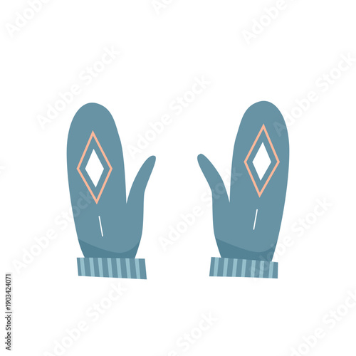 Knitted blue mittens with diamond white pattern, woolen handwear vector illustration