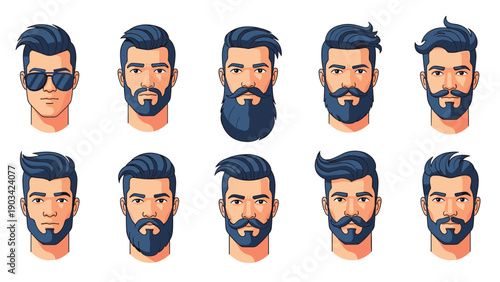Diverse collection of male avatar faces illustrates various trendy hair styles, beards, and mustaches for men in a flat design.