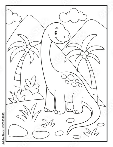 Cute Brachiosaurus Dinosaur Coloring Page for Kids and Adults. Simple Long-Neck Dino Illustration with Volcano and Palm Trees.