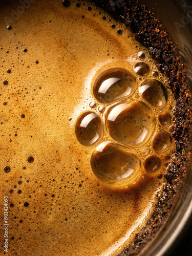 Coffee brewing in a dark cup at a kitchen counter in the morning