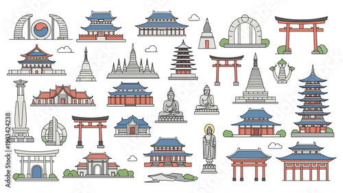 Massive collection of traditional Asian architecture including pagodas, temples, shrines, and statues in a clean line art style.