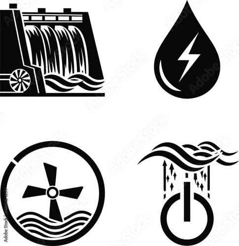 Vector illustration of a modern hydroelectric power plant dam generating clean renewable energy from flowing water in a natural river environment.