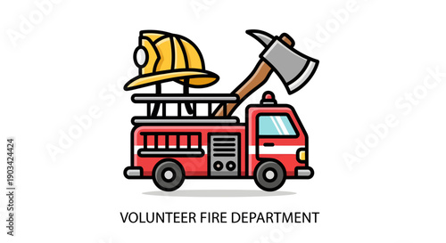 Volunteer Fire Department Truck Icon Vector Illustration with Helmet and Axe, Emergency Service Symbol for Safety and Rescue Concepts