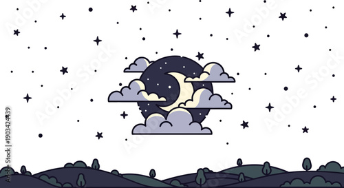 Whimsical Crescent Moon and Stars Vector Illustration, Enchanting Night Sky with Clouds and Rolling Hills, Dreamy Landscape for Backgrounds and Digital Art