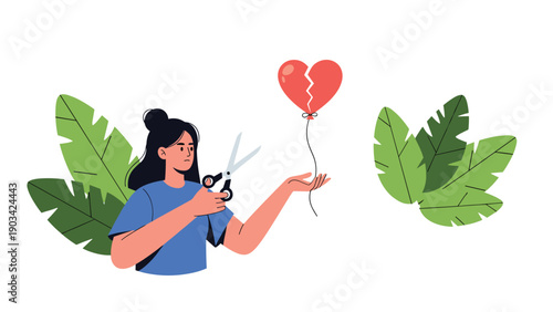 Young woman holds scissors to cut the string of a broken heart balloon in a symbolic concept about ending a relationship.