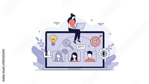 Entrepreneur sits on a large laptop screen managing projects, team profiles, and business strategy icons in a digital workspace.