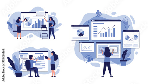 Group of business experts analyze various charts and graphs while collaborating on a data driven corporate research project.