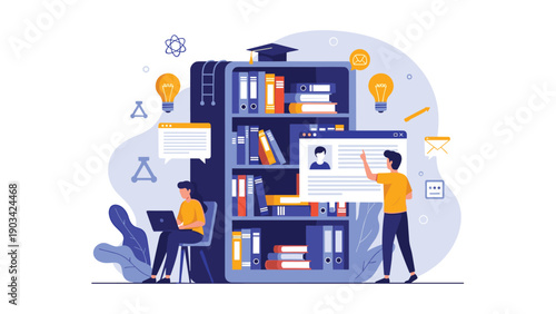 Educational concept features people using a massive bookshelf as a digital portal for online learning and information gathering.