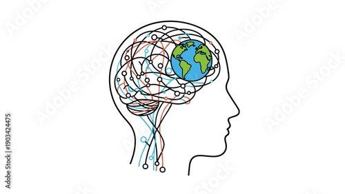 Conceptual illustration of a human head silhouette with a complex neural network brain containing a colorful globe inside.