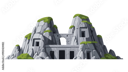 Ancient stone ruins featuring arched doorways and intricate windows carved directly into the side of a massive mountain.