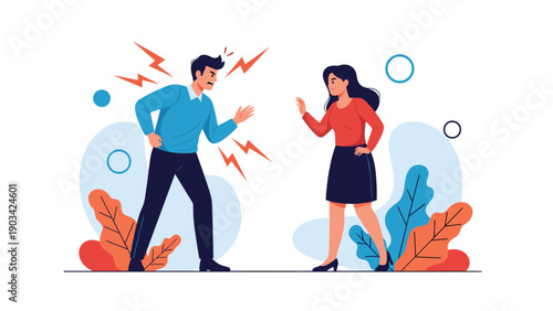Angry man and woman shouting at each other during a heated argument with red lightning bolt symbols of conflict around them.