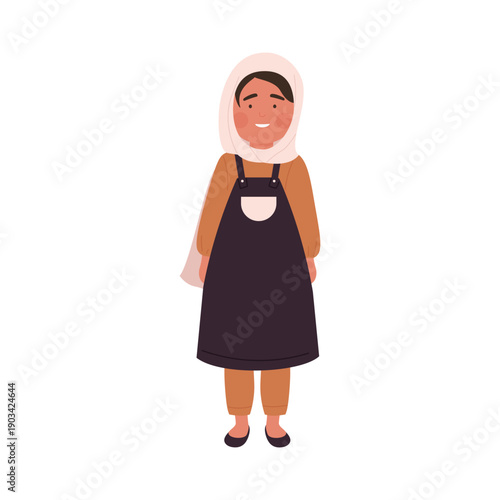Muslim schoolgirl smiling, cute girl in head scarf standing, front view vector illustration