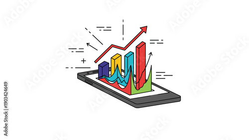 Colorful isometric bar charts and line graphs rising from a smartphone screen representing mobile data analytics and growth.