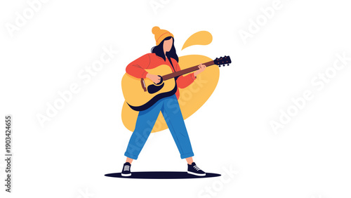 Young woman wearing a yellow beanie and casual clothes playing an acoustic guitar against a simple abstract background.