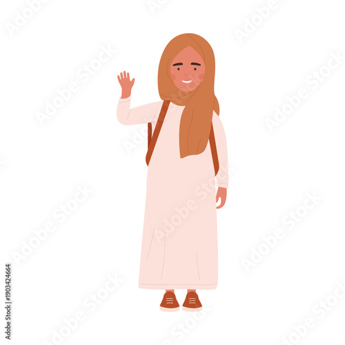 Cute teenage girl standing and waving, Muslim schoolgirl with backpack vector illustration
