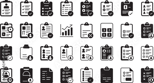 Collection of black and white education and writing related icons