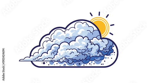 Stylized illustration of fluffy blue and white clouds with a bright yellow sun peeking out from behind on a white background.