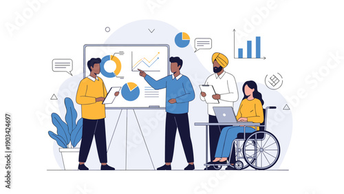 Diverse business team including a person in a wheelchair presenting data charts and graphs in a modern office meeting.