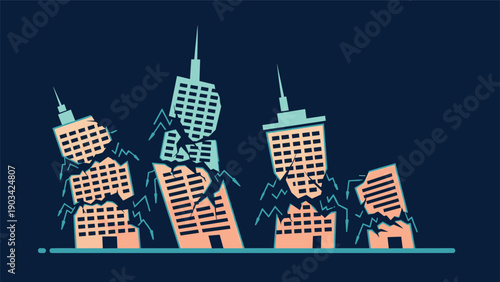 Dramatic illustration of modern city skyscrapers tilting and collapsing during a powerful earthquake disaster at night.