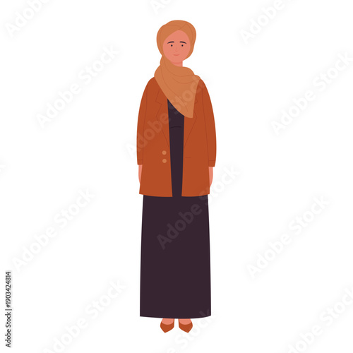 Muslim middle aged woman in hijab standing, front view vector illustration