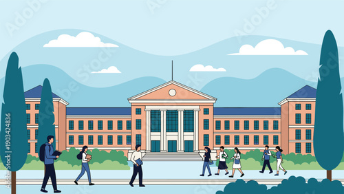 Group of diverse university students walking in front of a large classic academic building on a sunny day at a college campus.