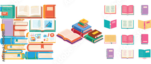Books, cute open school textbook. Flat colorful notebook stack, pile 2d set. Cartoon bookstore and library, literature and dictionary, education and reading concept. Paper book vector isolated set..