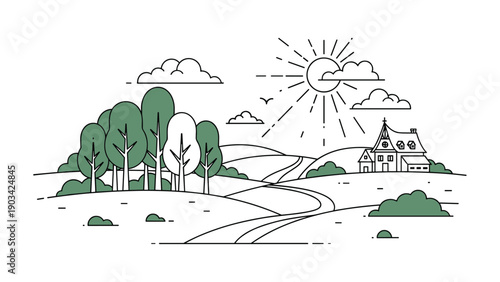 Peaceful countryside landscape featuring a winding road leading to a small house nestled among green hills and trees.