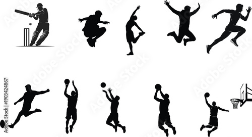 Silhouette illustrations of athletes playing basketball and cricket