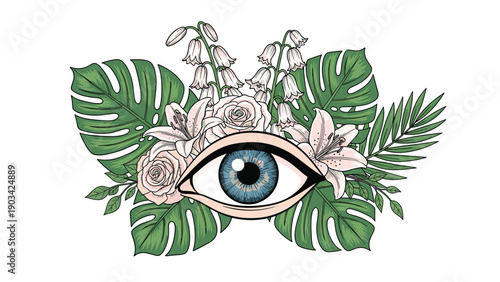 Surreal illustration of a large blue human eye hidden amongst lush green tropical leaves and beautiful pink lily flowers.